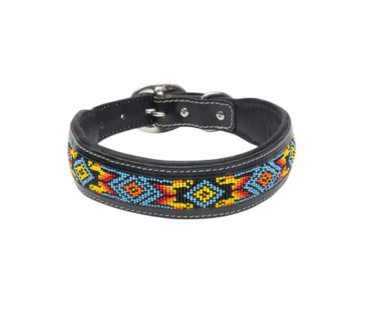 Genuine Leather Dog Collar with Beaded Inlay