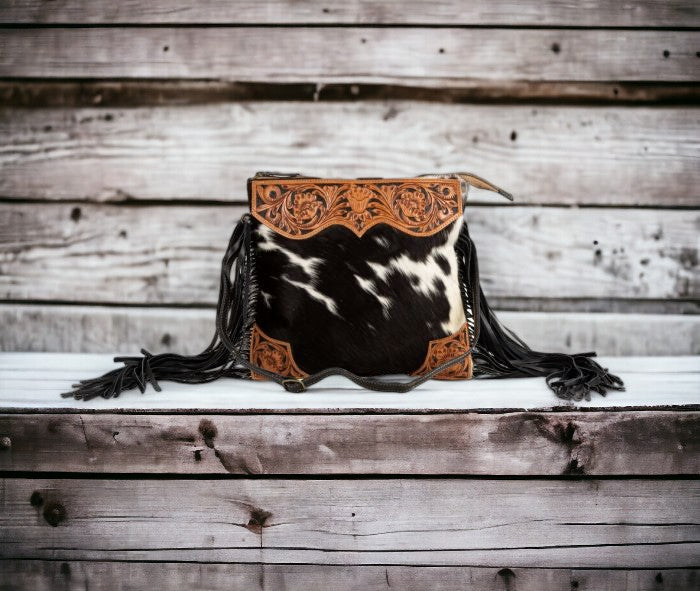 Myra Bag Tumbleweed Western Cowhide Crossbody Purse - Leather Fringe Cross Body Bag