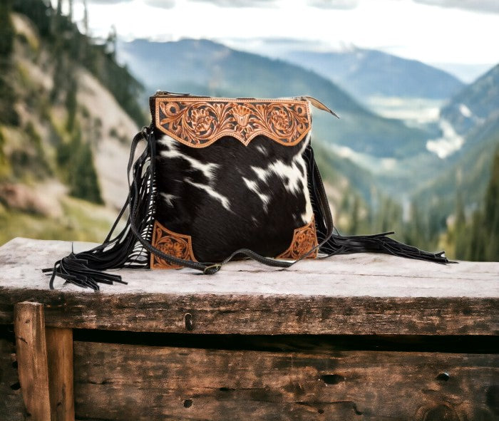 Myra Bag Tumbleweed Western Cowhide Crossbody Purse - Leather Fringe Cross Body Bag